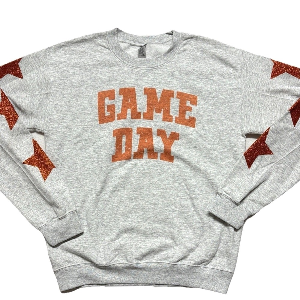 Game Day Sweatshirt School Spirit Gray Orange Glitter Stars Blingy Sports Size S